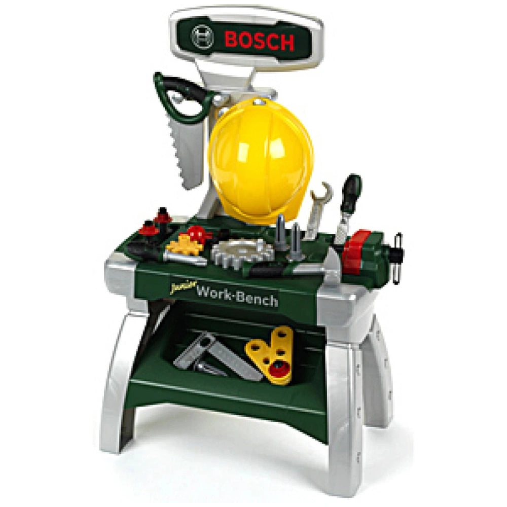 Theo Klein Bosch Workbench Junior in green with shiny metal tools featuring chrome and stainless steel finishes.