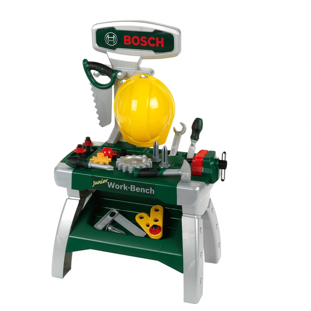 Theo Klein Bosch Workbench Junior with colorful plastic toolbox and various silver toy tools for pretend play.