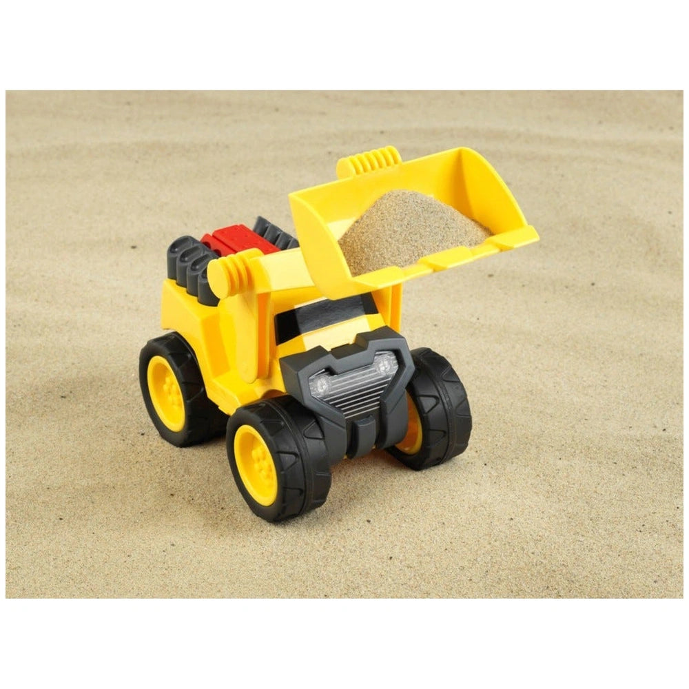 Theo Klein Bulldozer 1:24 toy in yellow plastic with black wheels, bucket, and detailed fenders and bumpers.