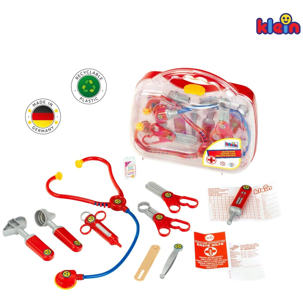 Theo Klein Doctor Case featuring a transparent container, red lid, handle, and multiple red plastic stethoscope components.