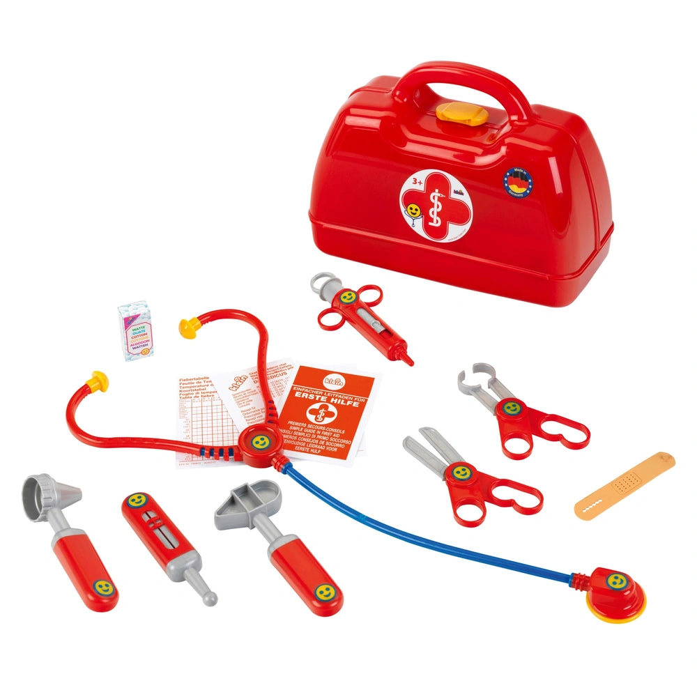 Theo Klein Doctor Case features a red plastic toolbox filled with toy medical instruments for role-playing as a doctor.