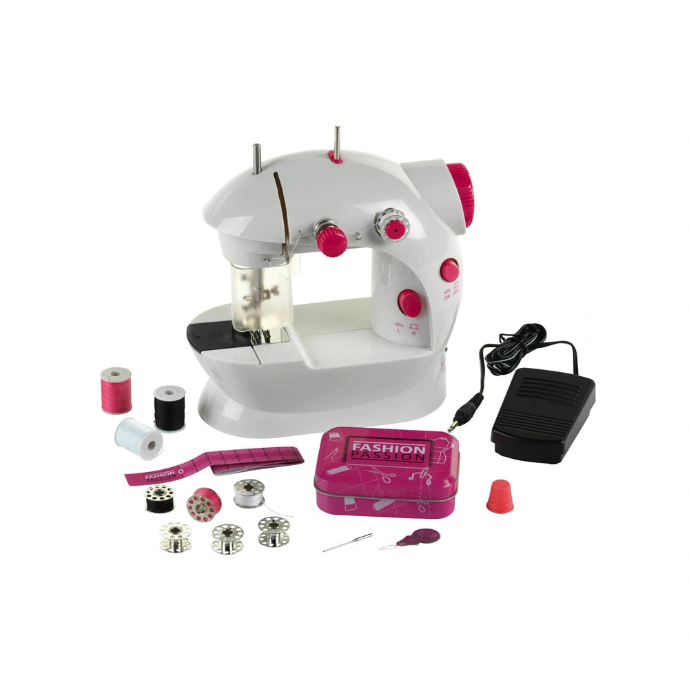 Theo Klein kids sewing machine in pink and black, featuring red buttons, clear window, and spools of black, white, and pink t