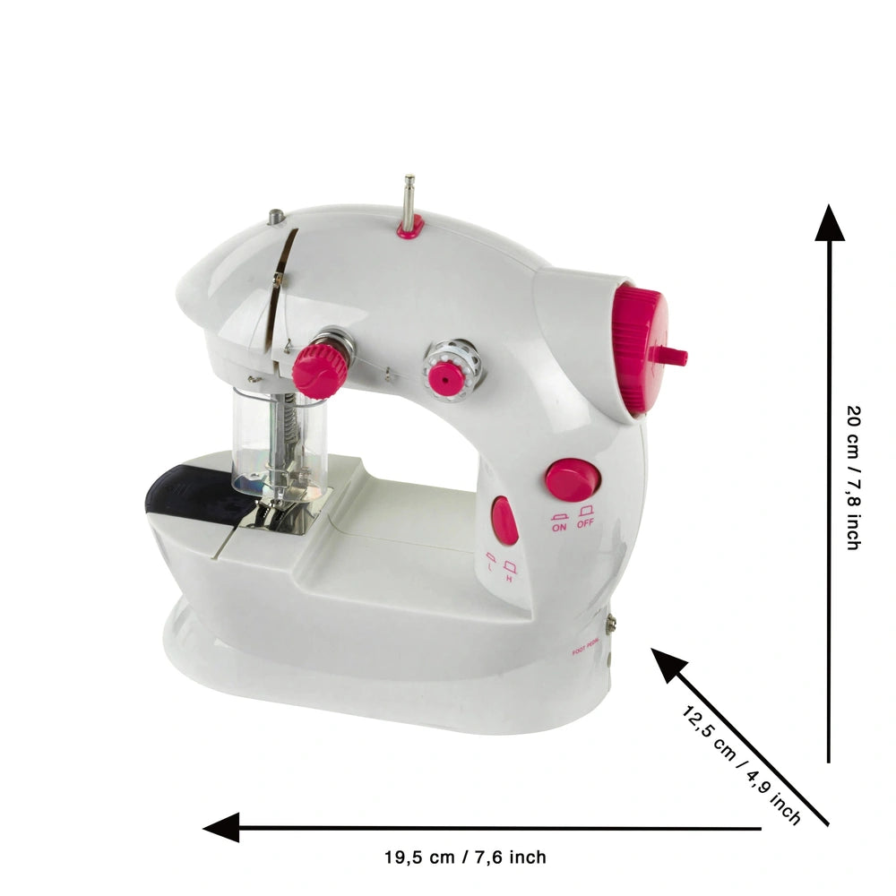 Theo Klein kids sewing machine in white plastic with red knobs, centered, ideal for arts and crafts activities.