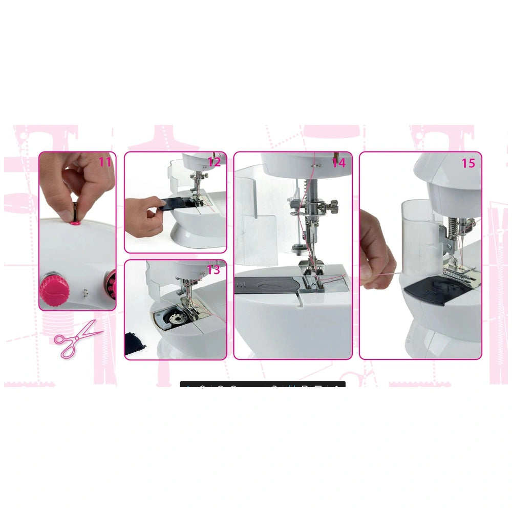 Theo Klein kids sewing machine in pink with scissors, featuring metal and plastic components for arts and crafts activities.