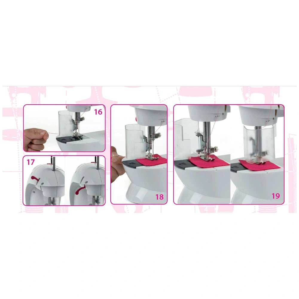 Theo Klein kids sewing machine with white matte finish, glossy base, red accents, and visible numbers "16" and "19".