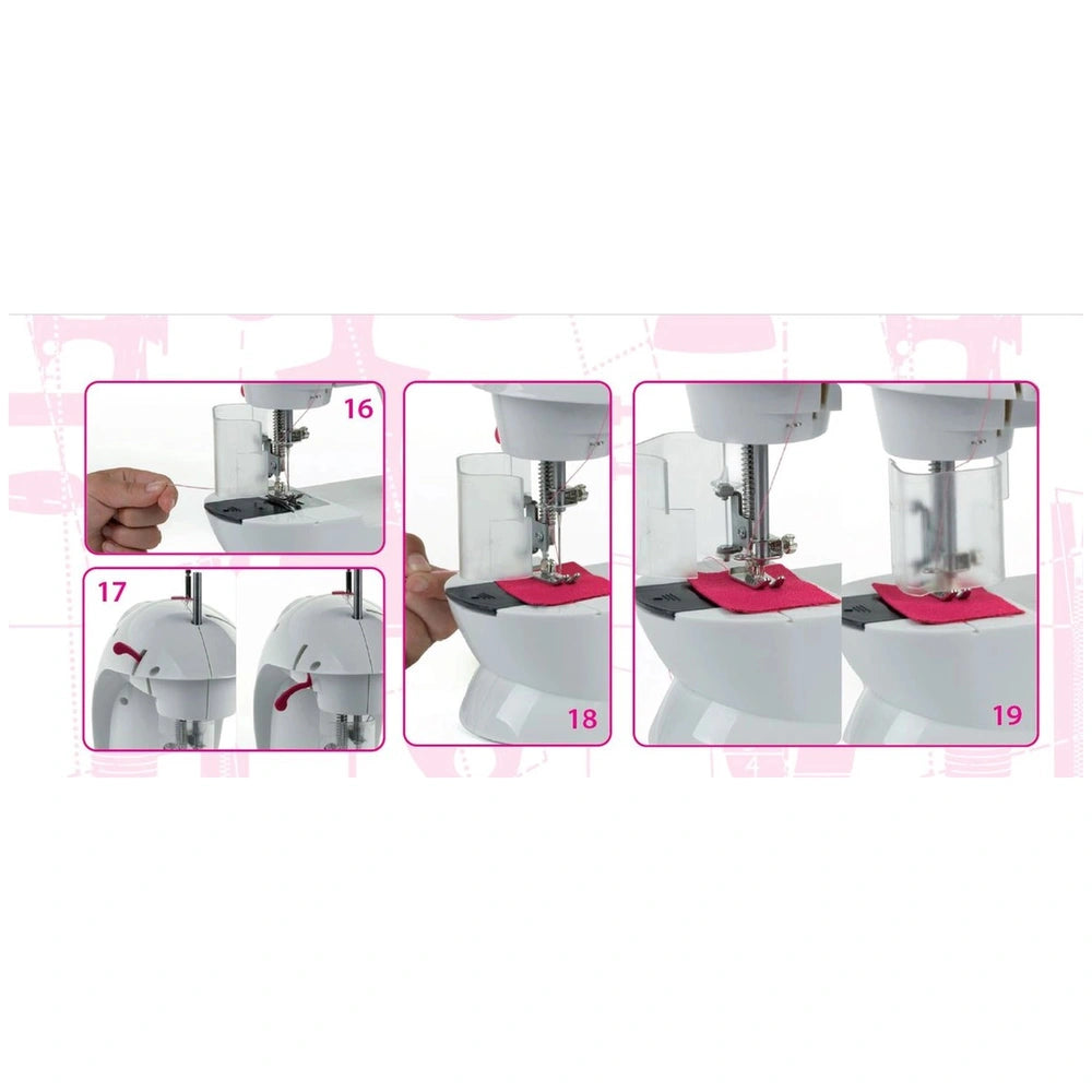 Theo Klein Kids Sewing Machine features a clear base, transparent top, red component, and visible numbers "16" and "19".