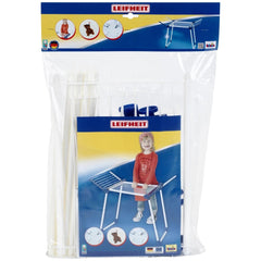 Theo Klein Leifheit drying rack toy packaging features a blue background with printed graphics and child-friendly elements.