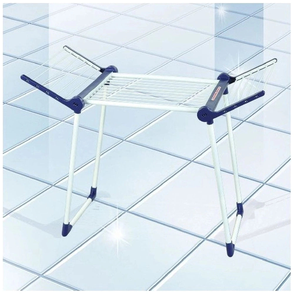 Theo Klein Leifheit drying rack with a white plastic frame and blue plastic handles, designed for pretend play and role playi