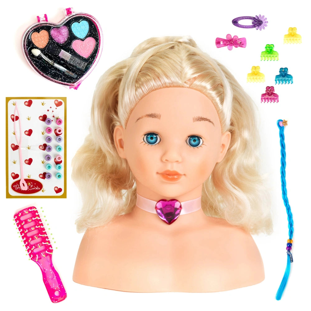 Theo Klein Little Sophia doll features blonde plastic hair, a smooth matte face, and glossy plastic accessories for hairstyli
