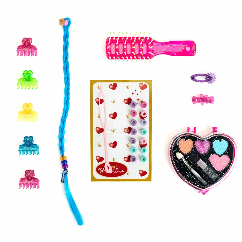 Theo Klein Little Sophia make-up and hairstyling head features pink and purple heart stickers, glossy plastic, and a blue hai