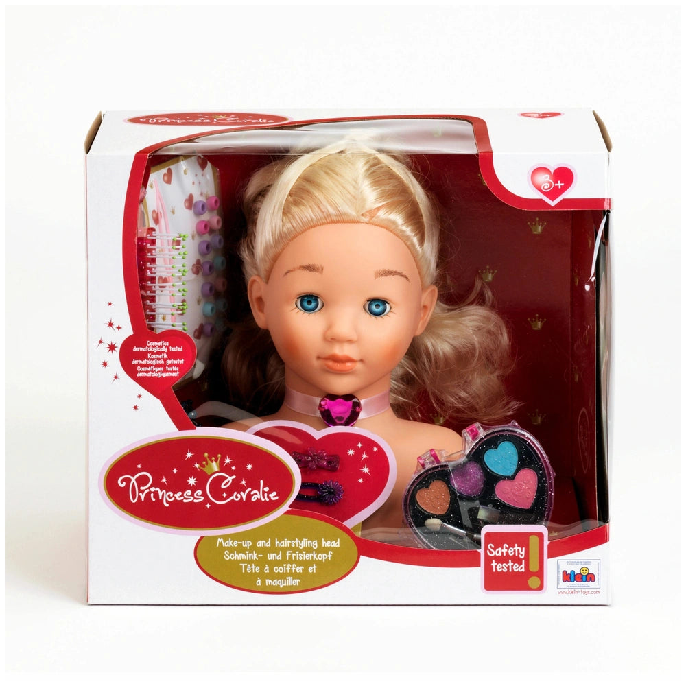 Theo Klein Little Sophia doll with blonde hair, blue eyes, pink lips, and colorful heart design, displayed in glossy packagin