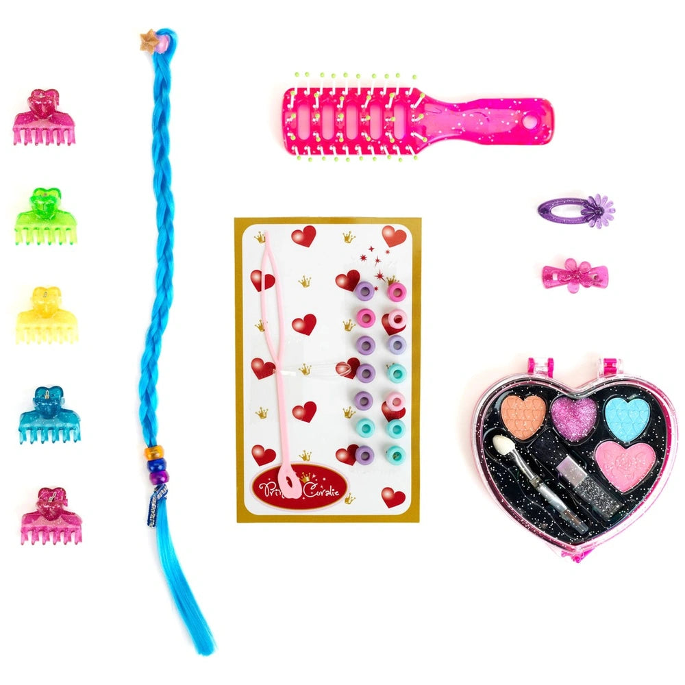 Theo Klein Make-Up And Hairstyling Head Little Sophia features pink and purple hair clips, a pink comb, and heart-shaped stic