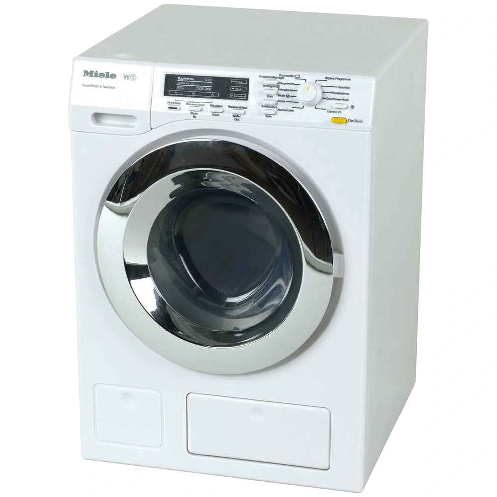 Miele washing machine in white with a black control panel, glass door, and white buttons, designed for pretend play.