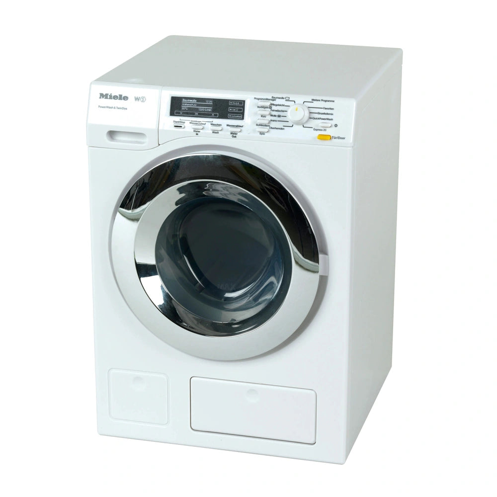 Theo Klein Miele washing machine in glossy white plastic with a reflective door, black control panel, and digital display.