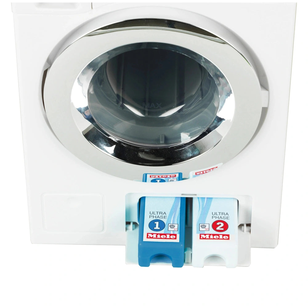 Theo Klein Miele washing machine toy with blue and white accents, featuring a door, handle, lock, and window.