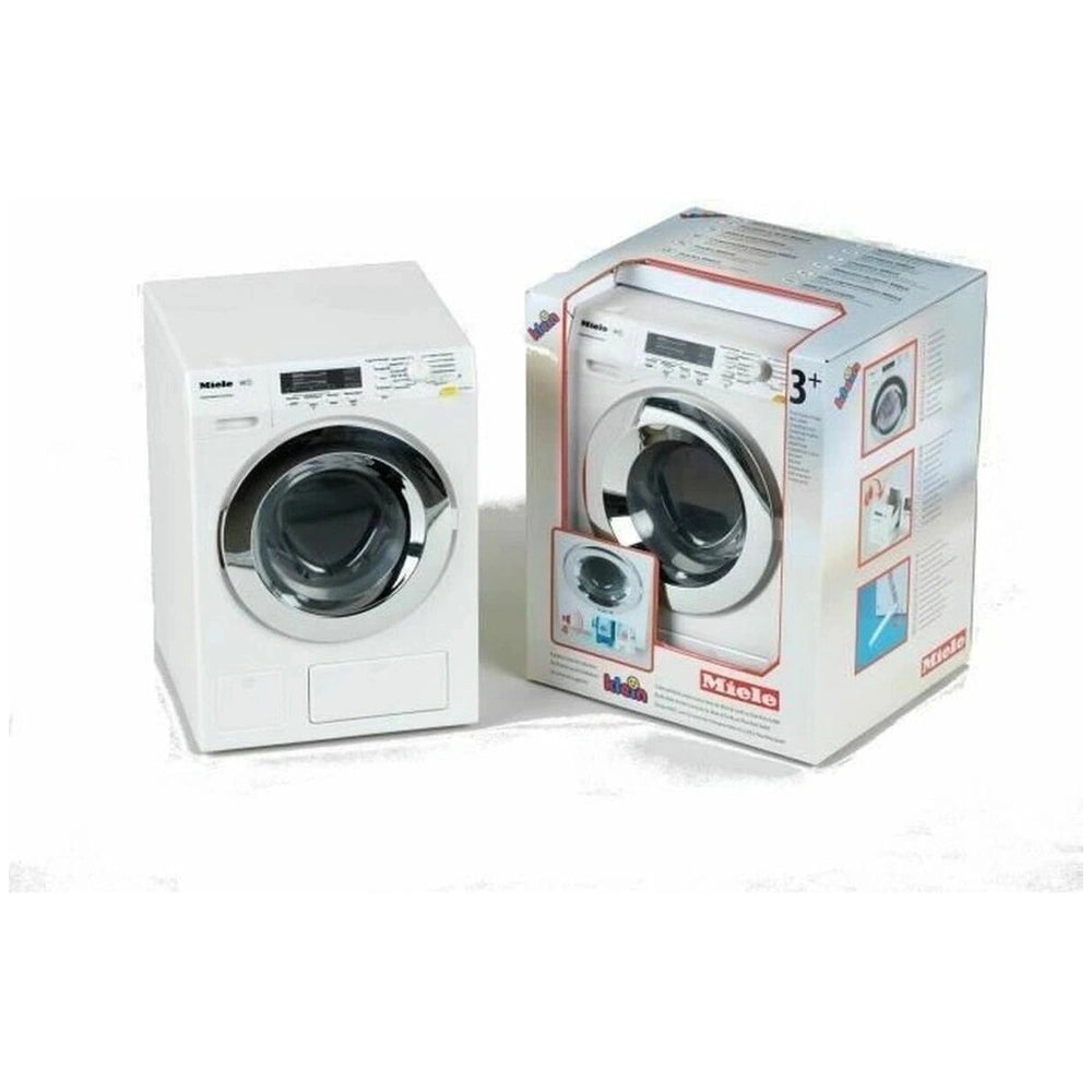 Theo Klein Miele washing machine and dryer set in white and black, presented in a red cardboard box with clear plastic window