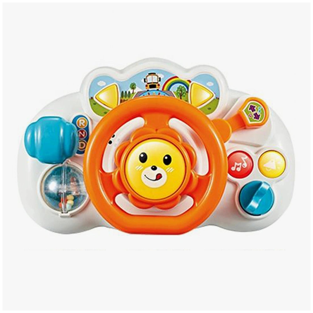 Interactive driving wheel toy features a smiling yellow face, colorful buttons, and a central dial, designed for baby activit