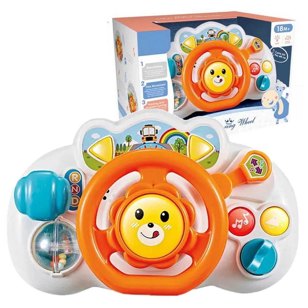 Interactive driving wheel for babies featuring a cartoon lion, colorful design, and various sound buttons.