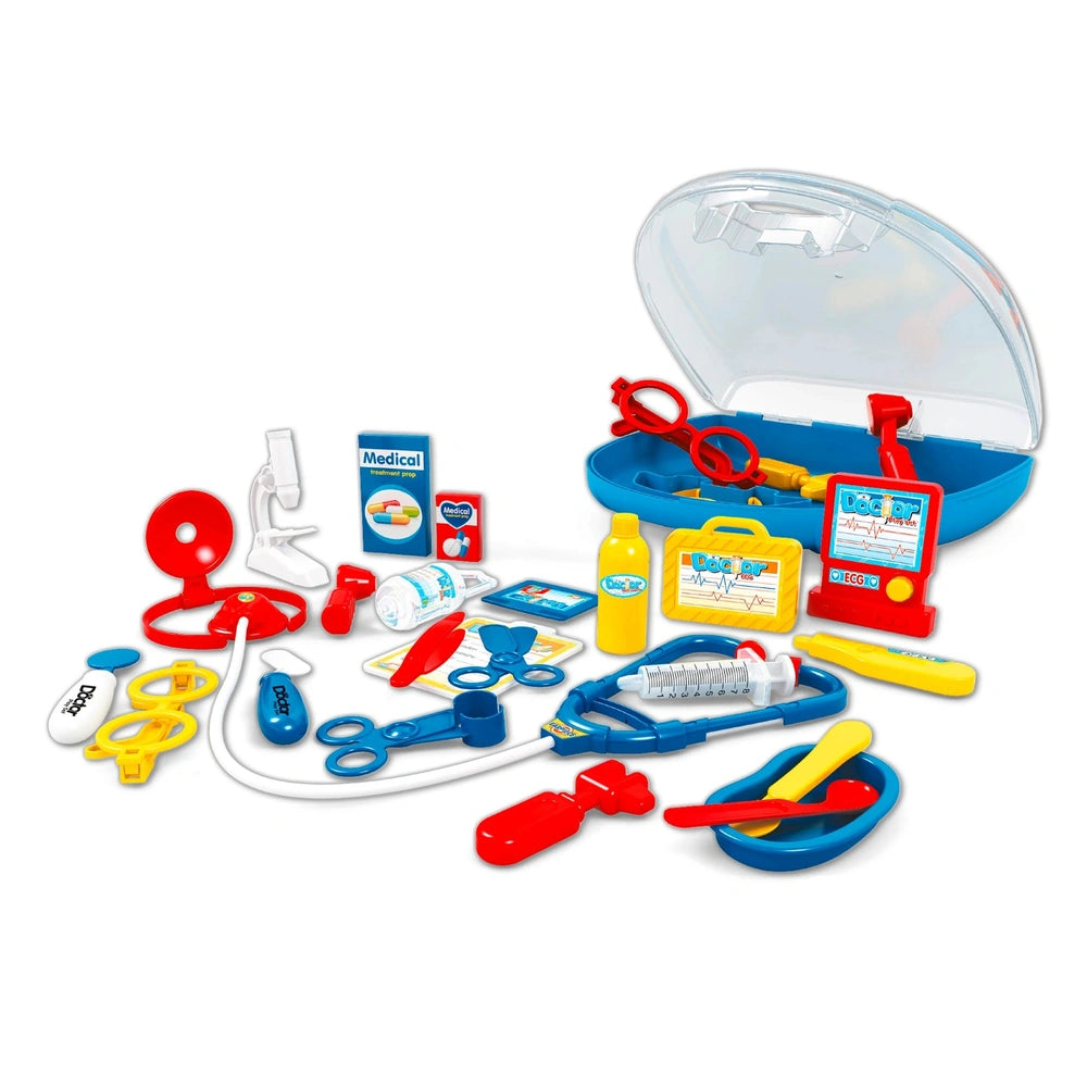 Toys Garden First Aid Doctor Case features colorful plastic medical toys like stethoscopes, syringes, and thermometers.