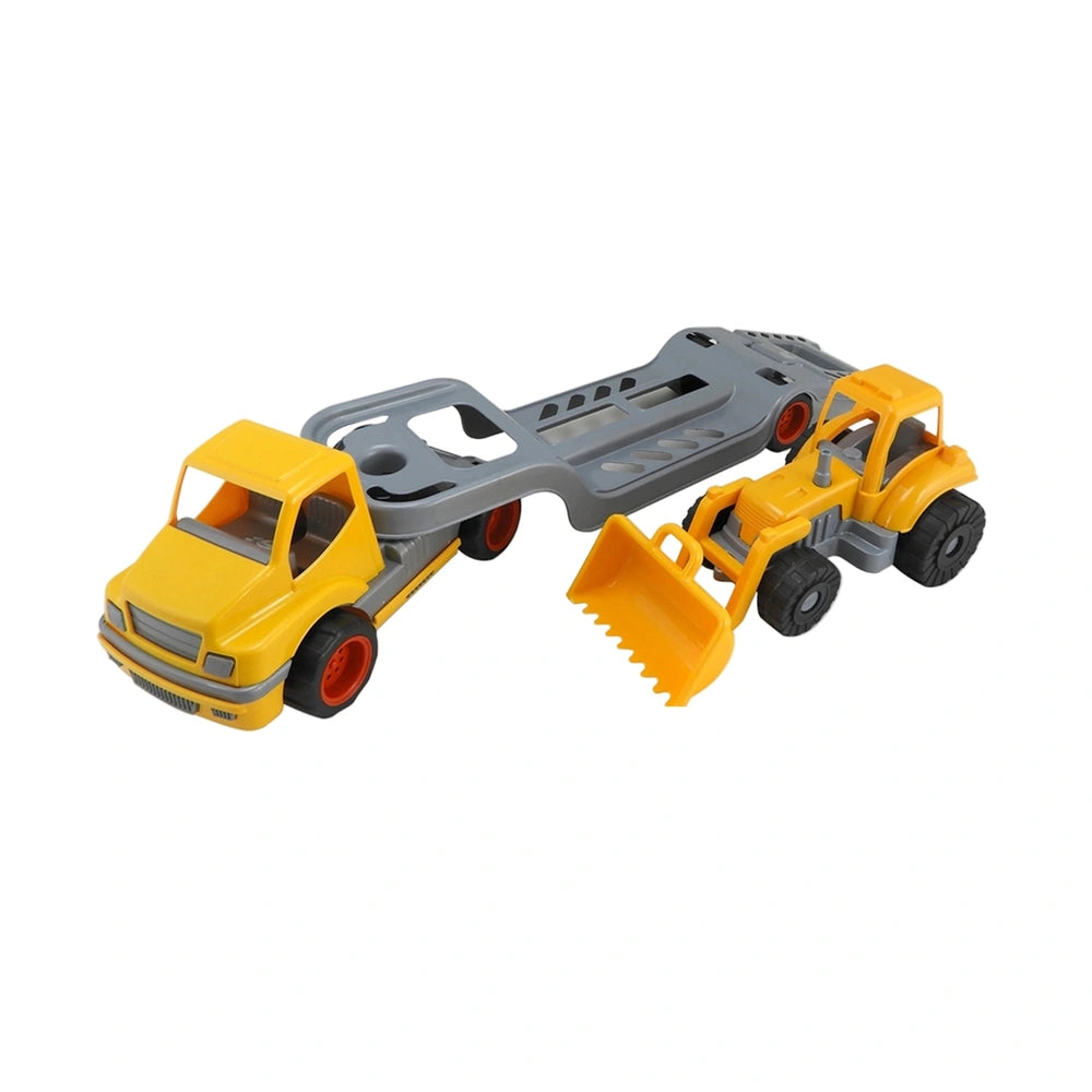 Giant 54cm construction transport lorry toy set features a vibrant yellow dump truck and tractor with scoop on a white backgr