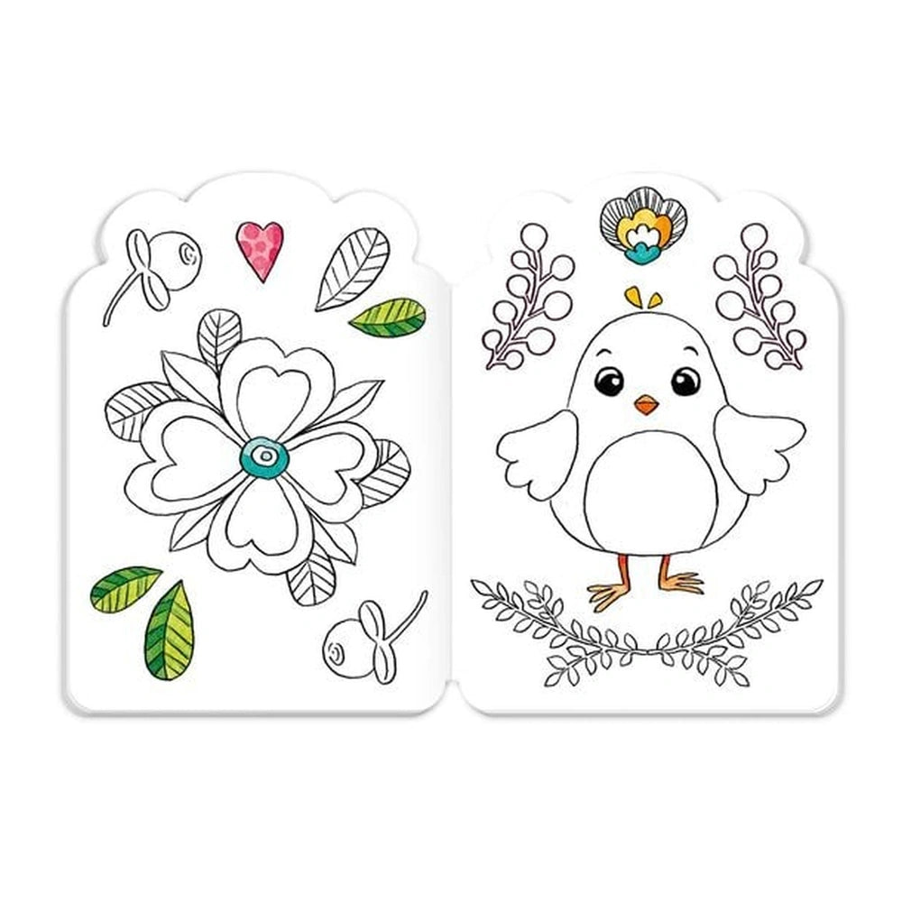 TROTSCH Easter Fun Colouring Book features pastel floral and bird illustrations with a heart on a white background.