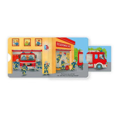 TROTSCH firefighter activity book features a vibrant illustration of a fire station with firefighters and a fire truck.