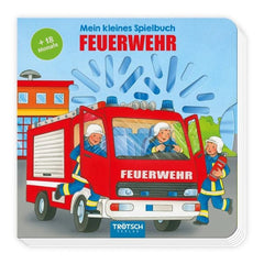 TROTSCH firefighter activity book cover features a vibrant red fire truck with three firefighters and the word "FEUERWEHR."