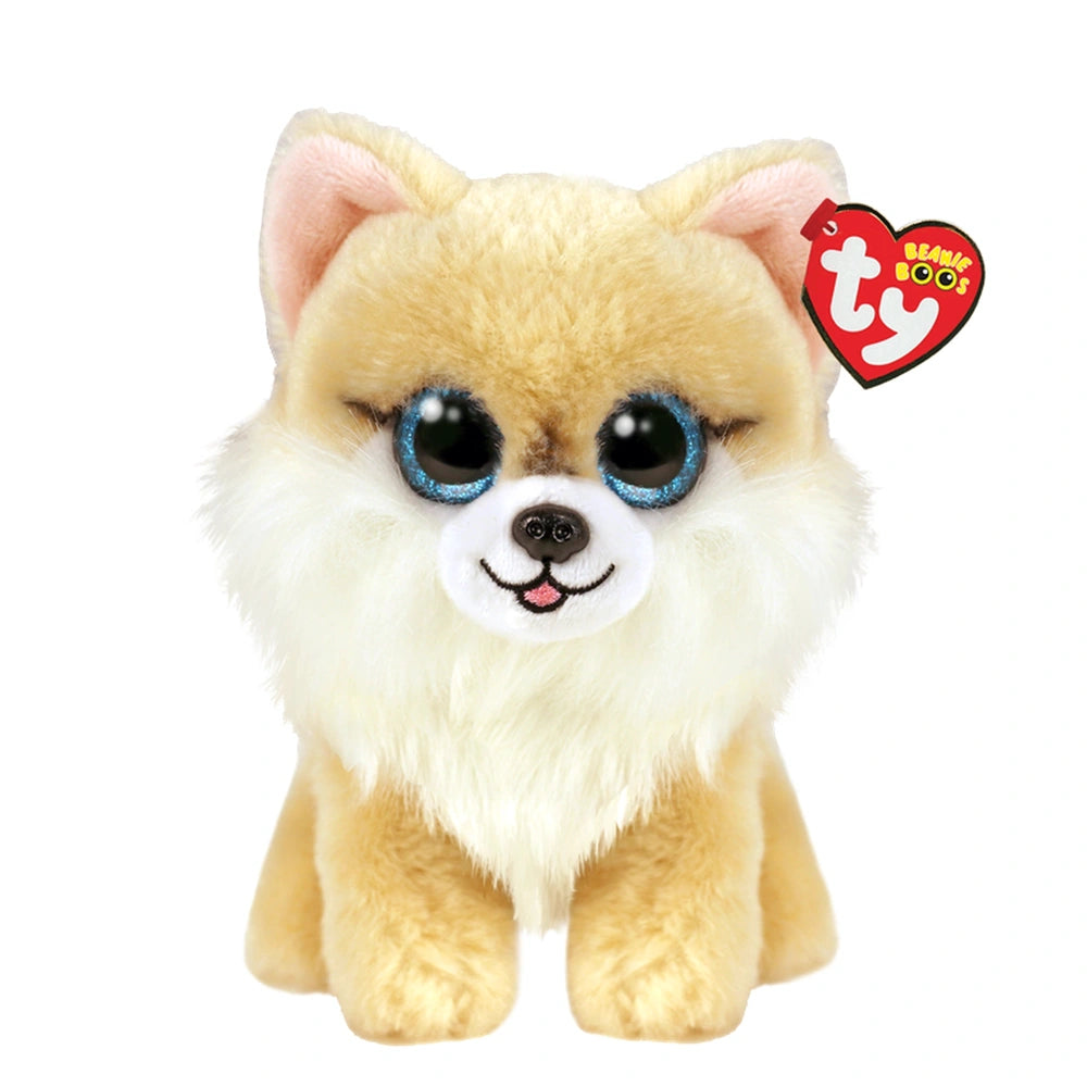 TY Beanie Boos Honeycomb tan dog plush toy with blue eyes and cream coat, designed for cuddly companionship.