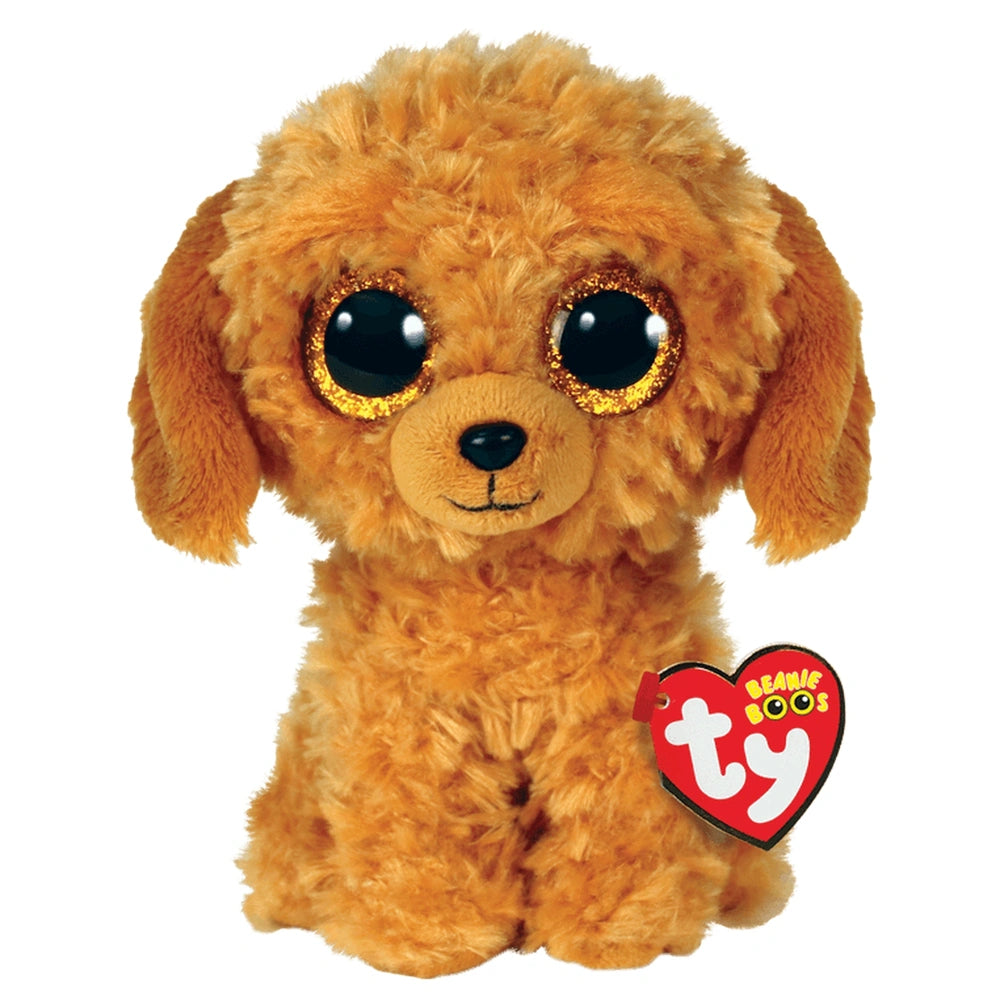 TY Beanie Boos Noodles golden doodle plush toy with golden-brown fur and large black eyes on a white background.