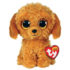 TY Beanie Boos Noodles golden doodle plush toy with golden-brown fur and large black eyes on a white background.