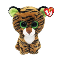 TY Beanie Boos Tiggy plush tiger with brown stripes, green eyes, and cute features, perfect for children.