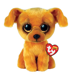 TY Beanie Boos Zuzu Tan Dog Plush 15 cm, soft plush with big glossy eyes, red heart tag, and floppy ears, set against a white