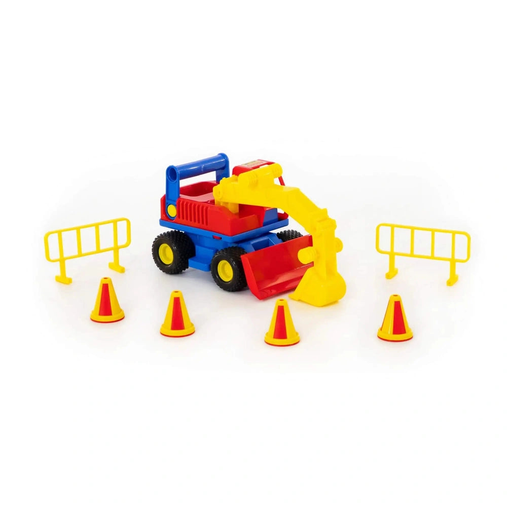 WADER ConsTruck Excavator is a colorful toy construction vehicle with a blue cab, yellow bucket, and orange traffic cones aro