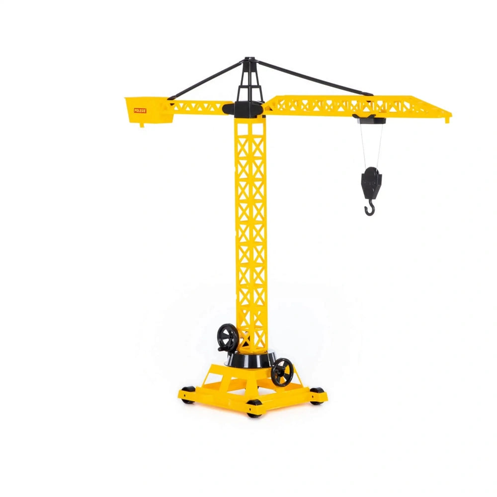 WADER Tower Crane wheeled bag toy playset features a yellow matte crane with black components, wheels, boom, hook, and counte