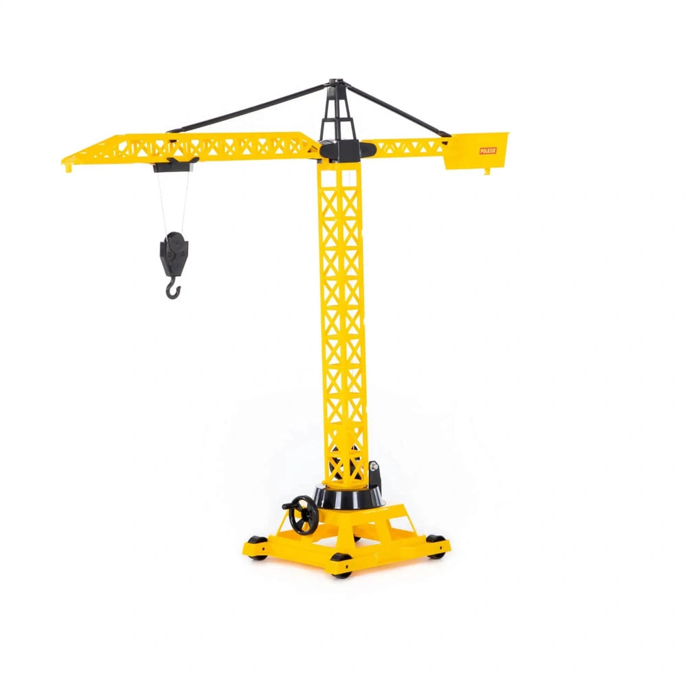 WADER Tower Crane Wheeled Bag features a yellow matte toy crane with multiple movable components including hooks and arms.