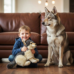 Wolf 25 cm plush toy is held by a smiling child sitting on the floor, with a large gray and white dog standing behind.
