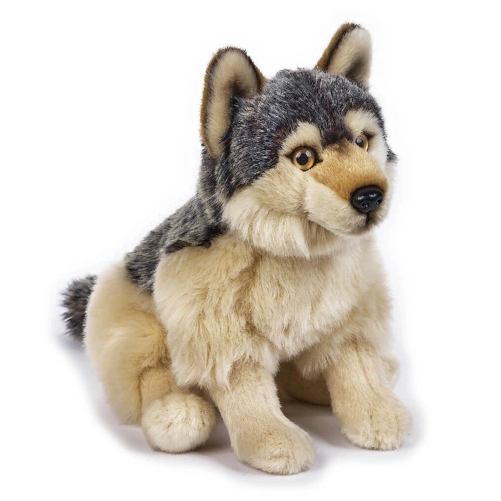 Plush wolf toy with realistic fur texture, light colors, and dark accents, sitting upright with a fluffy tail and pointed ear